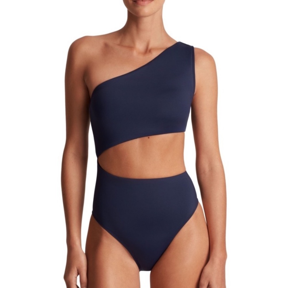 Lauren Ralph Lauren One Shoulder Swimsuit Women 6 New Cutout Navy MSRP $145